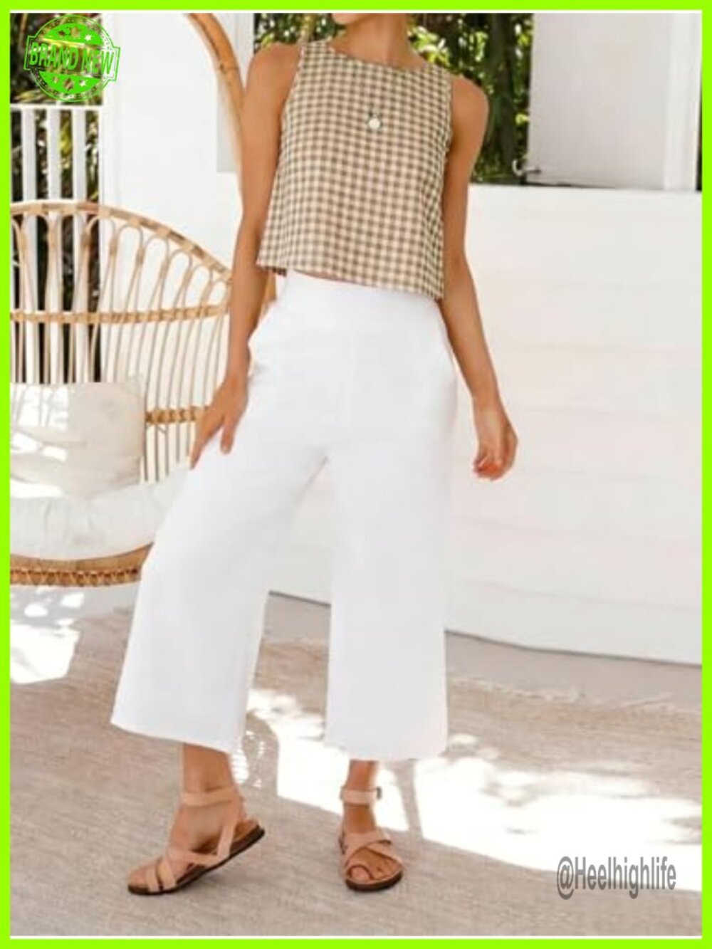Gingham Crop Tank Top Sleeveless High Neck Back Buttons Summer - Picture 2 of 3